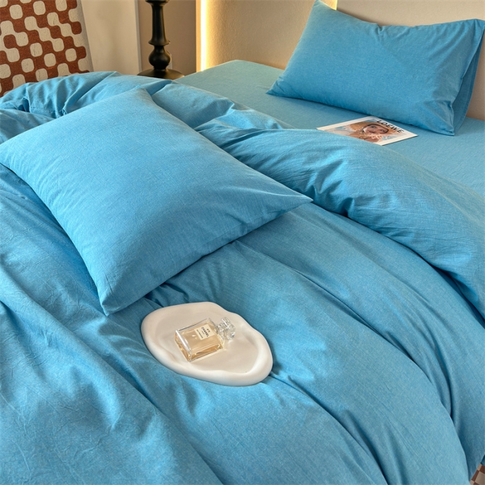 91家纺网 家纺一手货源 找家纺 三沁 新款直播爆款A类全棉纯棉水洗棉简约无印风纯色四件套 克莱因蓝