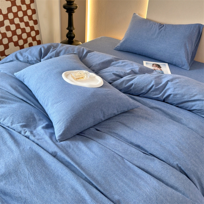 91家纺网 家纺一手货源 找家纺 三沁 2023新款直播爆款A类全棉纯棉水洗棉简约无印风纯色四件套 牛仔蓝