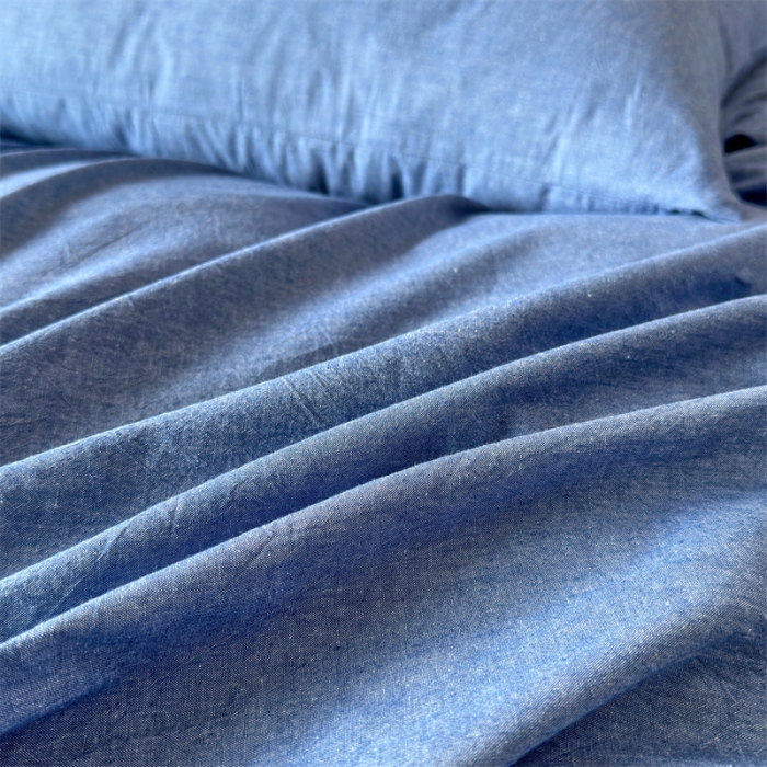 91家纺网 家纺一手货源 找家纺 三沁 2023新款直播爆款A类全棉纯棉水洗棉简约无印风纯色四件套 牛仔蓝