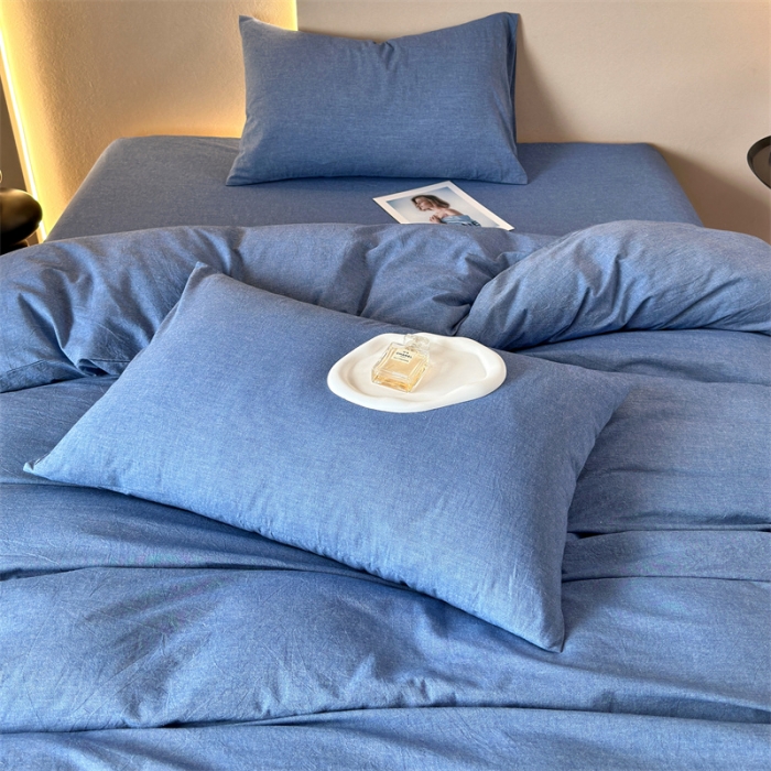 91家纺网 家纺一手货源 找家纺 三沁 2023新款直播爆款A类全棉纯棉水洗棉简约无印风纯色四件套 牛仔蓝