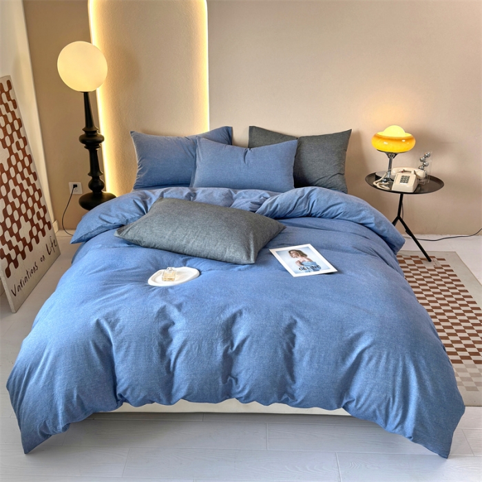 91家纺网 家纺一手货源 找家纺 三沁 2023新款直播爆款A类全棉纯棉水洗棉简约无印风纯色四件套 牛仔蓝