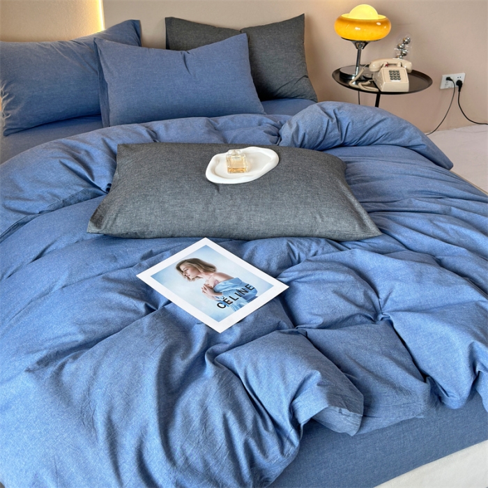 91家纺网 家纺一手货源 找家纺 三沁 2023新款直播爆款A类全棉纯棉水洗棉简约无印风纯色四件套 牛仔蓝