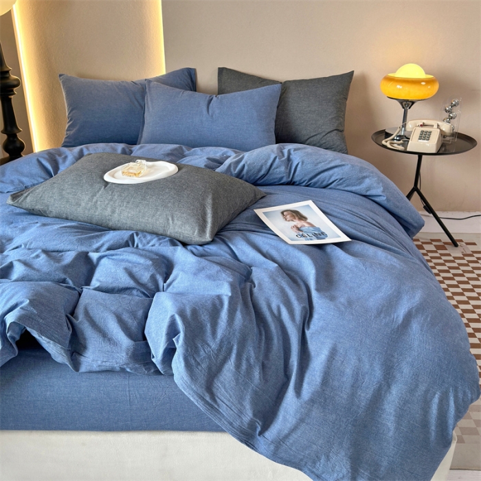 91家纺网 家纺一手货源 找家纺 三沁 2023新款直播爆款A类全棉纯棉水洗棉简约无印风纯色四件套 牛仔蓝