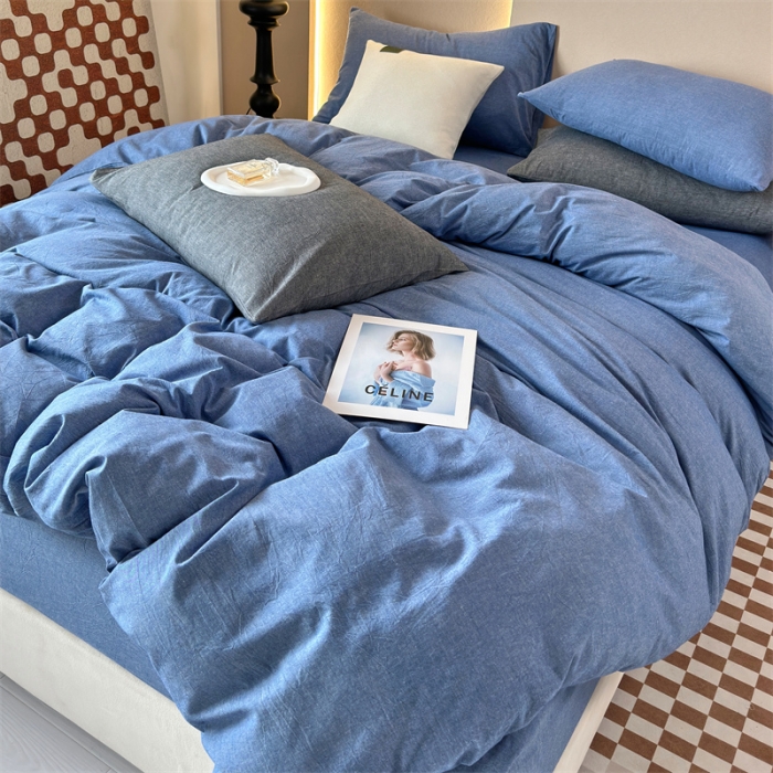 91家纺网 家纺一手货源 找家纺 三沁 2023新款直播爆款A类全棉纯棉水洗棉简约无印风纯色四件套 牛仔蓝