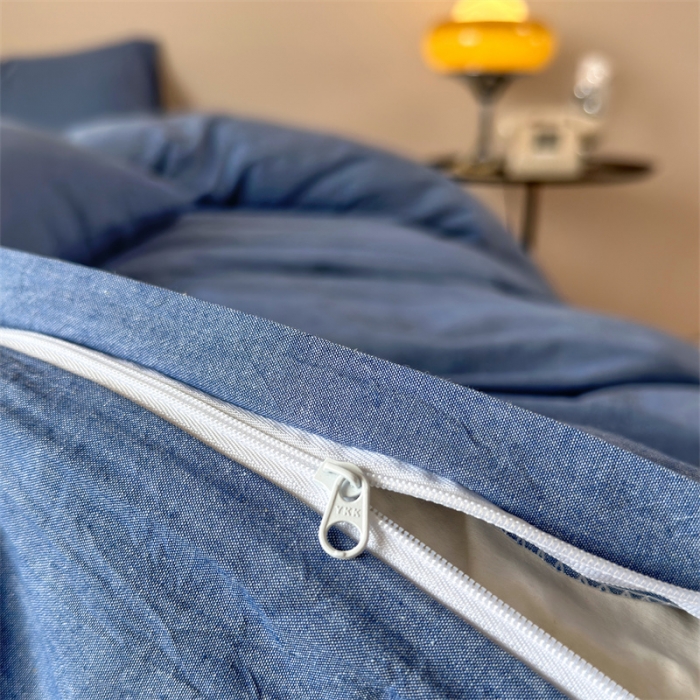 91家纺网 家纺一手货源 找家纺 三沁 2023新款直播爆款A类全棉纯棉水洗棉简约无印风纯色四件套 牛仔蓝