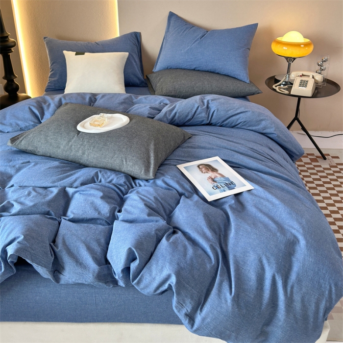 91家纺网 家纺一手货源 找家纺 三沁 2023新款直播爆款A类全棉纯棉水洗棉简约无印风纯色四件套 牛仔蓝