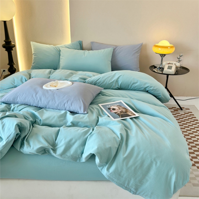 91家纺网 家纺一手货源 找家纺 三沁 2023新款直播爆款A类全棉纯棉水洗棉简约无印风纯色四件套 蒲河绿