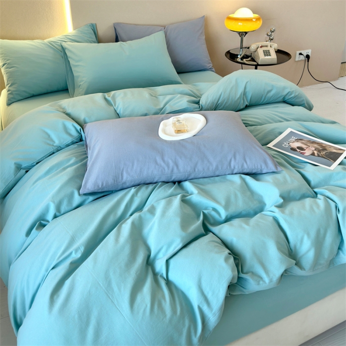 91家纺网 家纺一手货源 找家纺 三沁 2023新款直播爆款A类全棉纯棉水洗棉简约无印风纯色四件套 蒲河绿