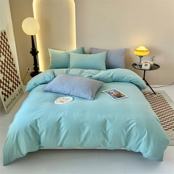 91家纺网 家纺一手货源 找家纺 三沁 2023新款直播爆款A类全棉纯棉水洗棉简约无印风纯色四件套 蒲河绿