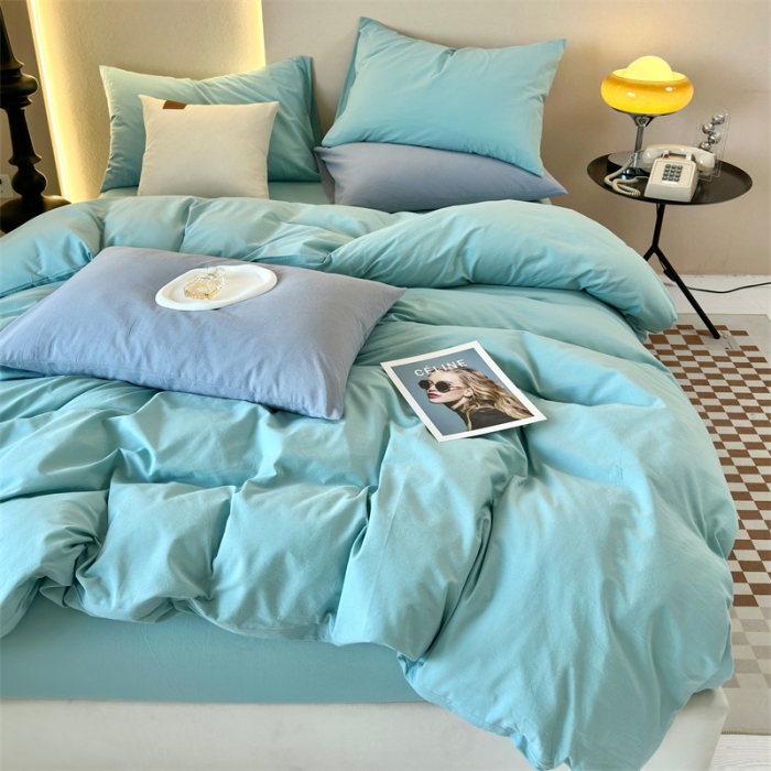 91家纺网 家纺一手货源 找家纺 三沁 2023新款直播爆款A类全棉纯棉水洗棉简约无印风纯色四件套 蒲河绿