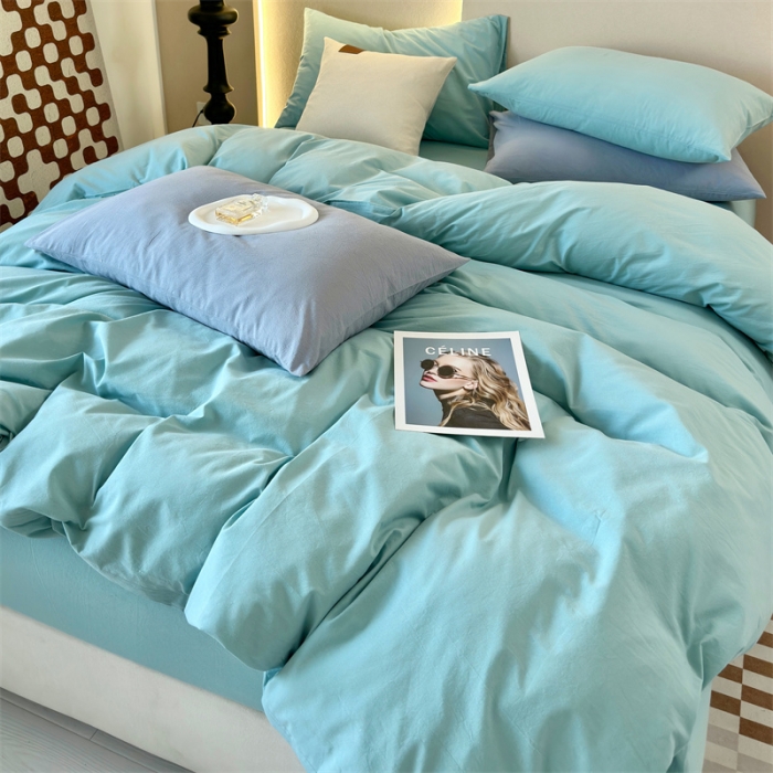 91家纺网 家纺一手货源 找家纺 三沁 2023新款直播爆款A类全棉纯棉水洗棉简约无印风纯色四件套 蒲河绿