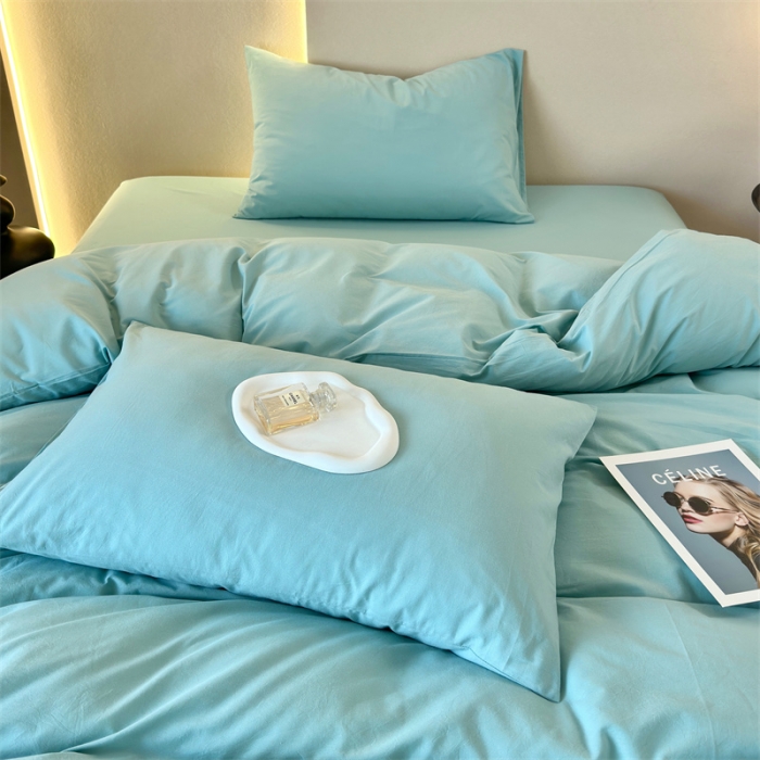 91家纺网 家纺一手货源 找家纺 三沁 2023新款直播爆款A类全棉纯棉水洗棉简约无印风纯色四件套 蒲河绿