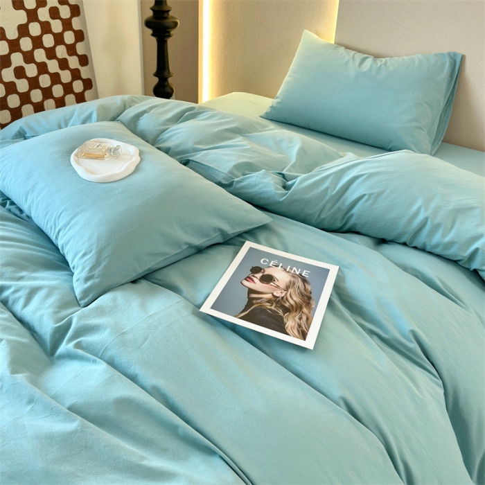 91家纺网 家纺一手货源 找家纺 三沁 2023新款直播爆款A类全棉纯棉水洗棉简约无印风纯色四件套 蒲河绿