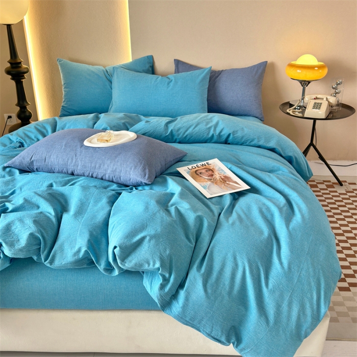 91家纺网 家纺一手货源 找家纺 三沁 新款直播爆款A类全棉纯棉水洗棉简约无印风纯色四件套 克莱因蓝