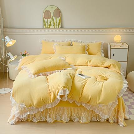 91家纺网 家纺一手货源 找家纺 （总）韩都家居 2023高克重蕾丝雪纺牛奶绒四件套水晶金貂法莱绒床裙款