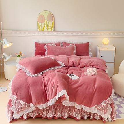 韩都家居 2023直播高克重蕾丝雪纺牛奶绒四件套水晶金貂法莱绒床裙款 花季-豆沙