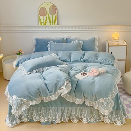 韩都家居 2023直播高克重蕾丝雪纺牛奶绒四件套水晶金貂法莱绒床裙款 花季-湖蓝