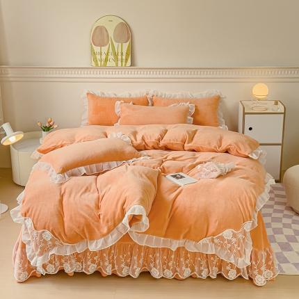 韩都家居 2023直播高克重蕾丝雪纺牛奶绒四件套水晶金貂法莱绒床裙款 花季-桔