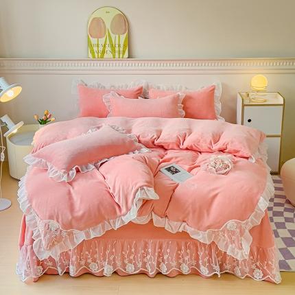 韩都家居 2023直播高克重蕾丝雪纺牛奶绒四件套水晶金貂法莱绒床裙款 花季-玉