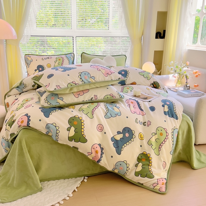 91家纺网 家纺一手货源 找家纺 琪琪阁 2023新款A棉B绒棉加绒牛奶绒四件套单被套 恐龙家族