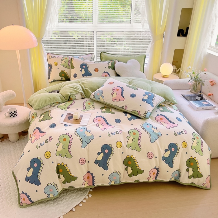 91家纺网 家纺一手货源 找家纺 琪琪阁 2023新款A棉B绒棉加绒牛奶绒四件套单被套 恐龙家族