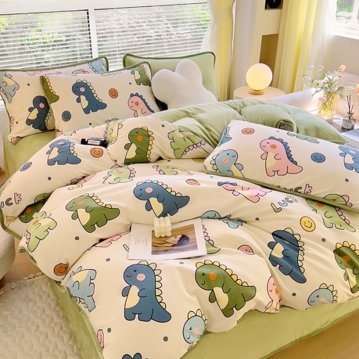 91家纺网 家纺一手货源 找家纺 琪琪阁 2023新款A棉B绒棉加绒牛奶绒四件套单被套 恐龙家族