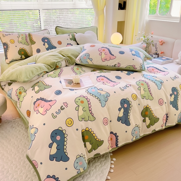 91家纺网 家纺一手货源 找家纺 琪琪阁 2023新款A棉B绒棉加绒牛奶绒四件套单被套 恐龙家族