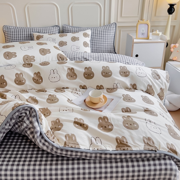 91家纺网 家纺一手货源 找家纺 琪琪阁 2023新款A棉B绒棉加绒牛奶绒四件套单被套 萌萌兔