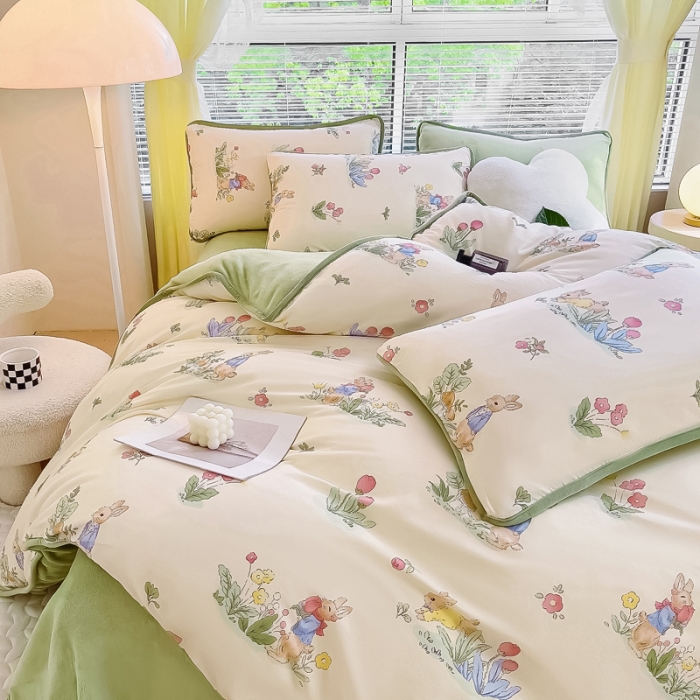 91家纺网 家纺一手货源 找家纺 琪琪阁 2023新款A棉B绒棉加绒牛奶绒四件套单被套 蘑菇屋