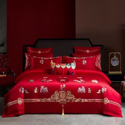 91家纺网 家纺一手货源 找家纺 红番天 2025新款全棉刺绣婚庆四件套六件套多件套 百子呈祥