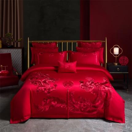 91家纺网 家纺一手货源 找家纺 红番天 2025新款全棉刺绣婚庆四件套六件套多件套 福瑞呈祥-红