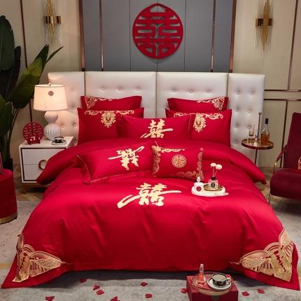 91家纺网 家纺一手货源 找家纺 红番天 2025新款全棉刺绣婚庆四件套六件套多件套 福喜同乐