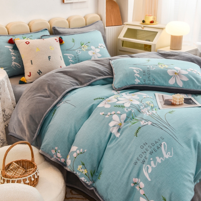 91家纺网 家纺一手货源 找家纺 琪琪阁 2023新款A棉B绒棉加绒牛奶绒四件套单被套 宁静生活