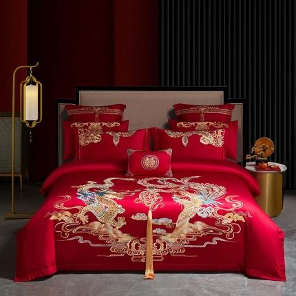 91家纺网 家纺一手货源 找家纺 红番天 2025新款全棉刺绣婚庆四件套六件套多件套 锦绣传承-金