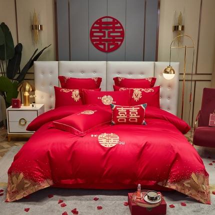 91家纺网 家纺一手货源 找家纺 红番天 2025新款全棉刺绣婚庆四件套六件套多件套 一见倾心