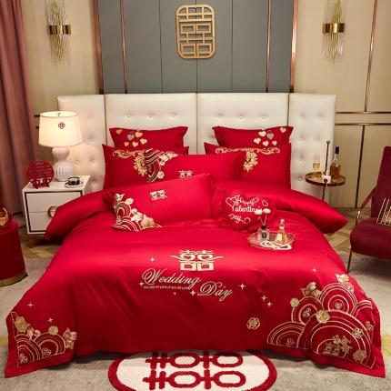 91家纺网 家纺一手货源 找家纺 红番天 2025新款全棉刺绣婚庆四件套六件套多件套 真爱一生