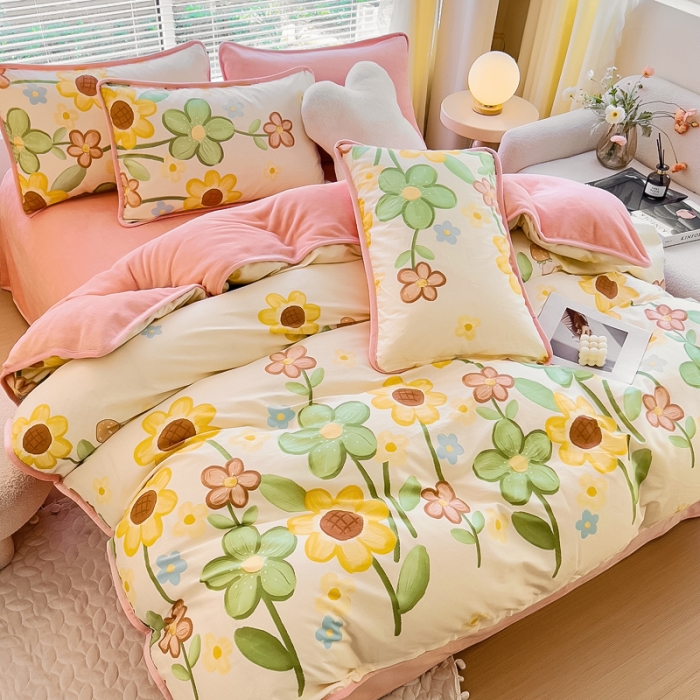 91家纺网 家纺一手货源 找家纺 琪琪阁 2023新款A棉B绒棉加绒牛奶绒四件套单被套 向阳花开