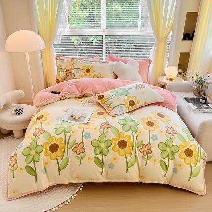 91家纺网 家纺一手货源 找家纺 琪琪阁 2023新款A棉B绒棉加绒牛奶绒四件套单被套 向阳花开,向阳花开