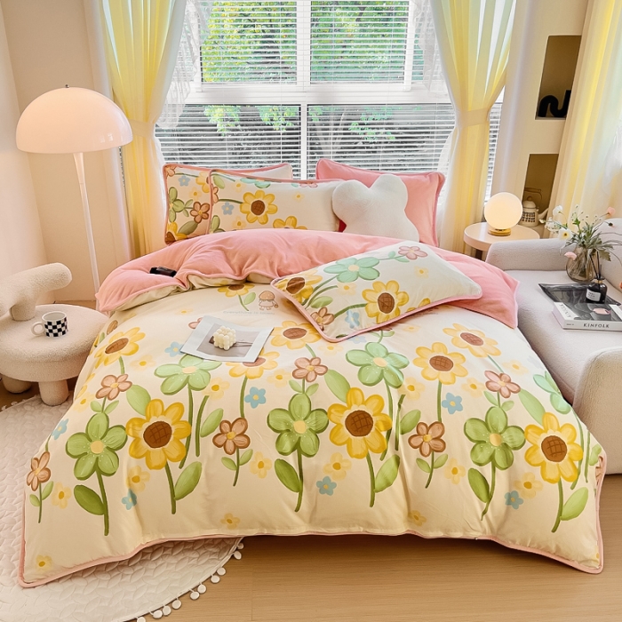 91家纺网 家纺一手货源 找家纺 琪琪阁 2023新款A棉B绒棉加绒牛奶绒四件套单被套 向阳花开