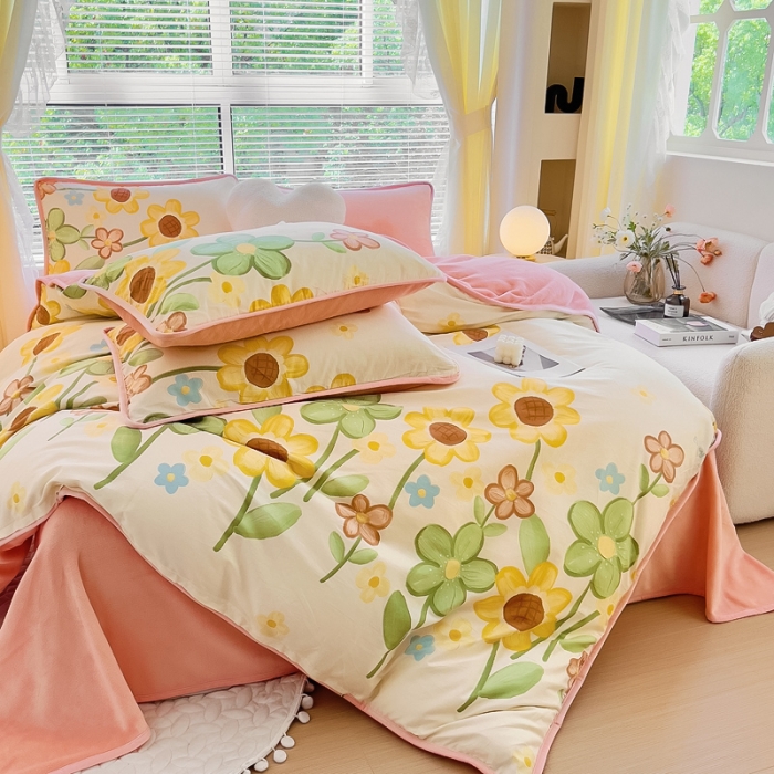 91家纺网 家纺一手货源 找家纺 琪琪阁 2023新款A棉B绒棉加绒牛奶绒四件套单被套 向阳花开