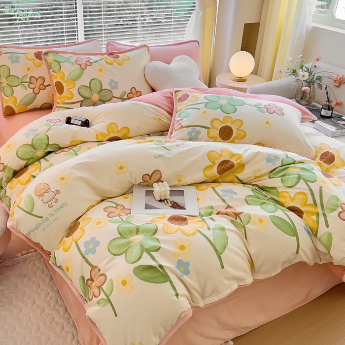 91家纺网 家纺一手货源 找家纺 琪琪阁 2023新款A棉B绒棉加绒牛奶绒四件套单被套 向阳花开