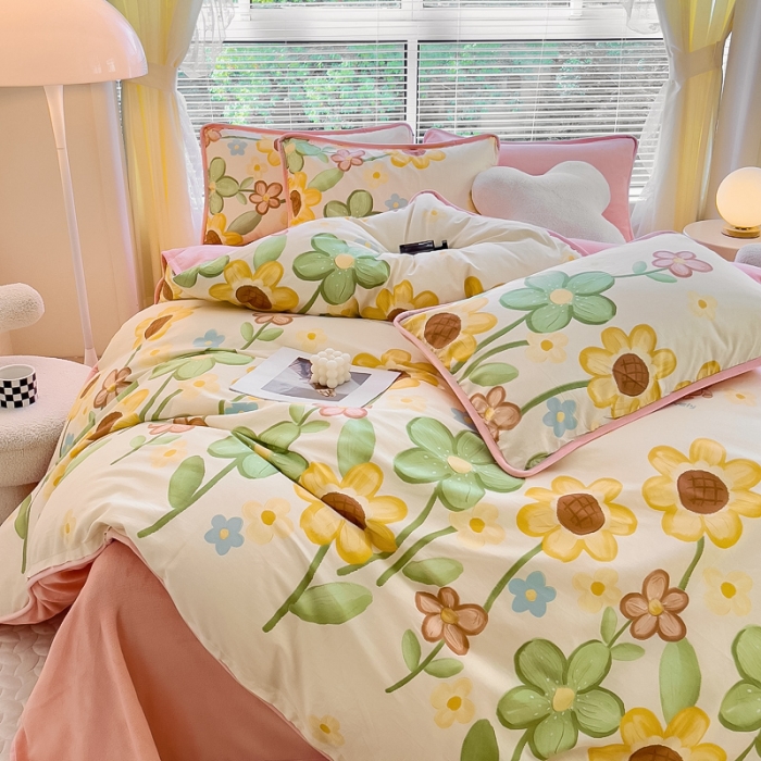 91家纺网 家纺一手货源 找家纺 琪琪阁 2023新款A棉B绒棉加绒牛奶绒四件套单被套 向阳花开