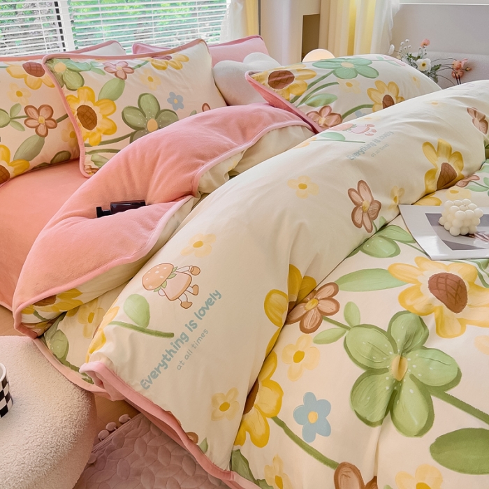 91家纺网 家纺一手货源 找家纺 琪琪阁 2023新款A棉B绒棉加绒牛奶绒四件套单被套 向阳花开