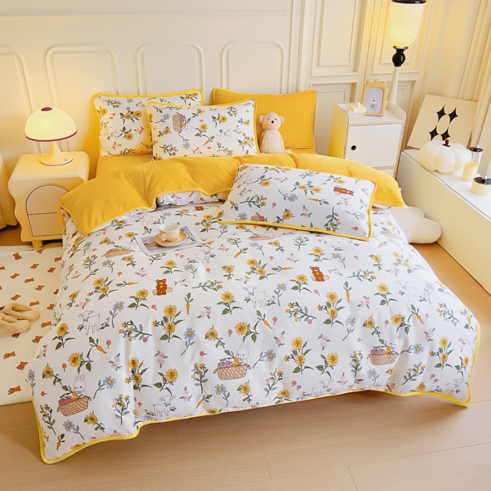 91家纺网 家纺一手货源 找家纺 琪琪阁 2023新款A棉B绒棉加绒牛奶绒四件套单被套 阳光花梦