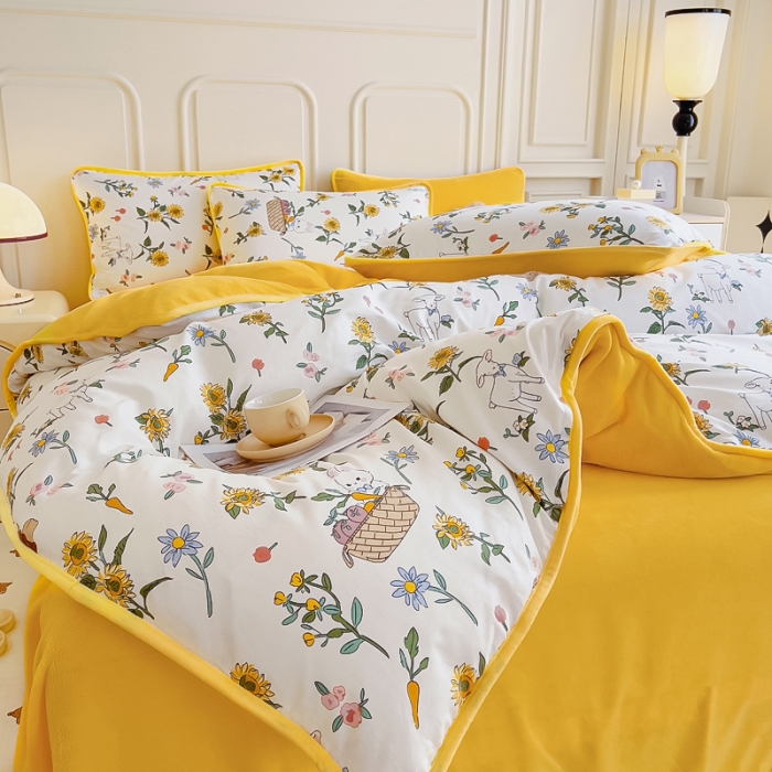 91家纺网 家纺一手货源 找家纺 琪琪阁 2023新款A棉B绒棉加绒牛奶绒四件套单被套 阳光花梦