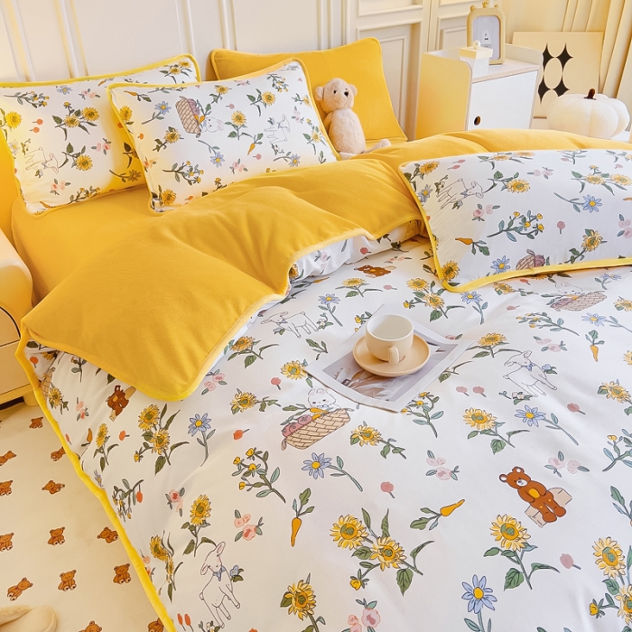 91家纺网 家纺一手货源 找家纺 琪琪阁 2023新款A棉B绒棉加绒牛奶绒四件套单被套 阳光花梦