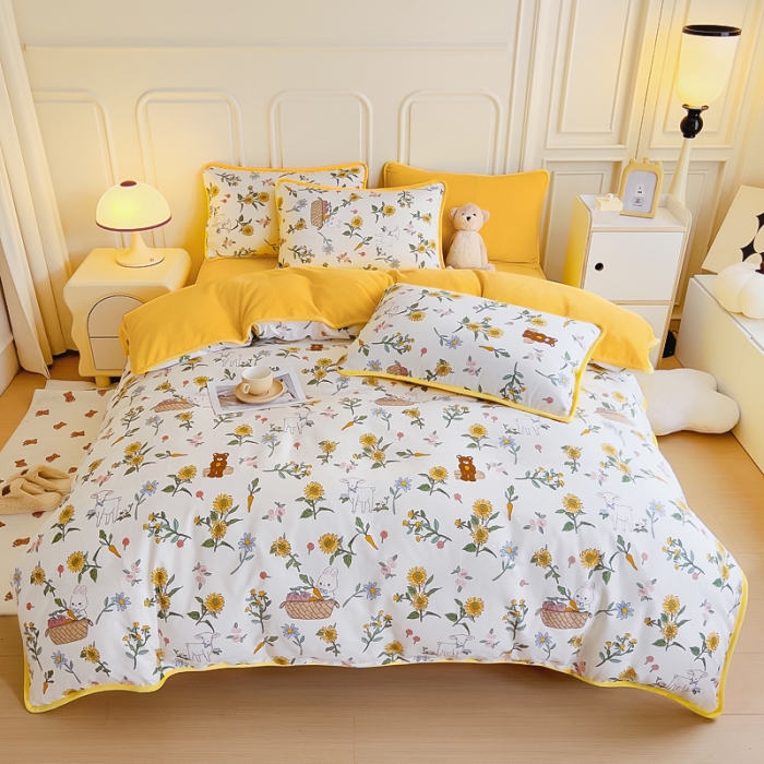 91家纺网 家纺一手货源 找家纺 琪琪阁 2023新款A棉B绒棉加绒牛奶绒四件套单被套 阳光花梦