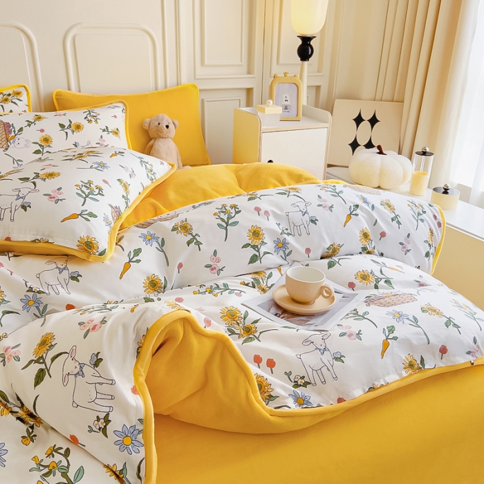 91家纺网 家纺一手货源 找家纺 琪琪阁 2023新款A棉B绒棉加绒牛奶绒四件套单被套 阳光花梦