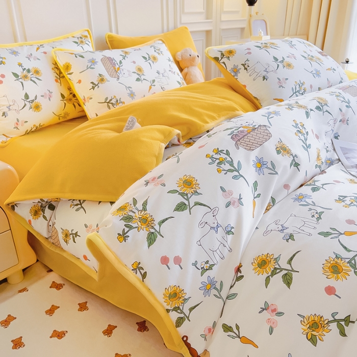 91家纺网 家纺一手货源 找家纺 琪琪阁 2023新款A棉B绒棉加绒牛奶绒四件套单被套 阳光花梦