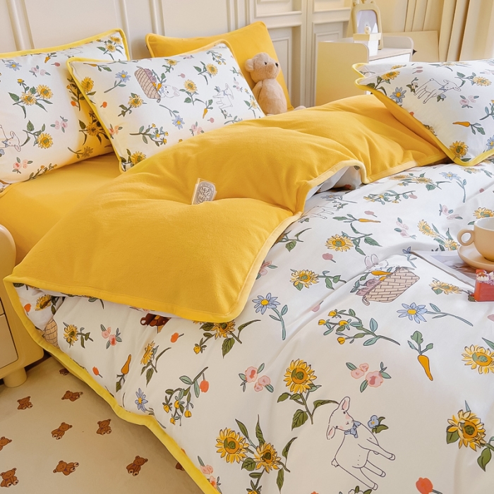 91家纺网 家纺一手货源 找家纺 琪琪阁 2023新款A棉B绒棉加绒牛奶绒四件套单被套 阳光花梦